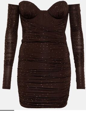 Alex Perry Brown Off-Shoulder Ruched Long Sleeve Mini Dress with crystals